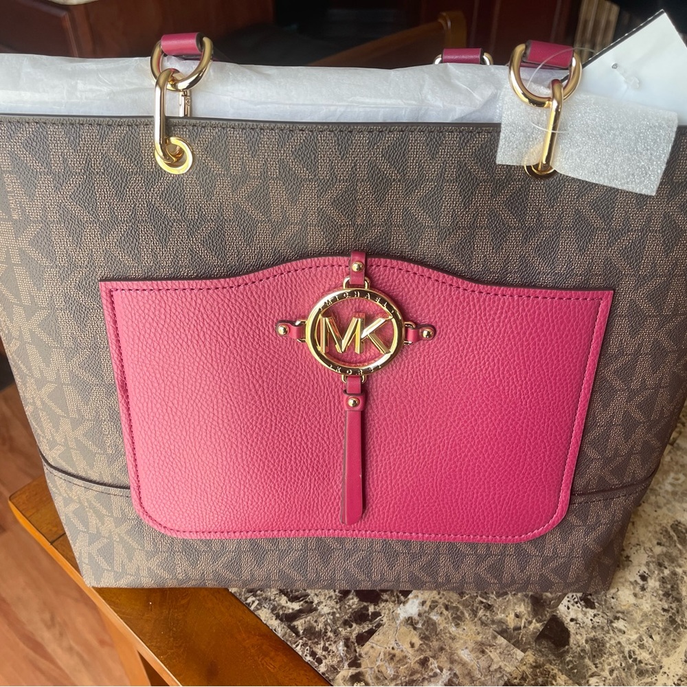 Michael Kors Red Brown Purse with MK on front
